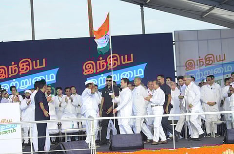 Congress leader Rahul Gandhi holds the tricolour as the party's 'Bharat Jodo Yatra' commences from Kanyakumari, Tamil Nadu on September 7, 2022. (Photo | V Karthik Alagu, EPS)