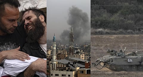 Palestinians mourn their relatives, Smoke rises following Israeli bombardment on Gaza City, Israeli tanks in ground offensive.(Photo | AP)