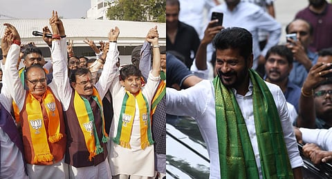 (L) Madhya Pradesh CM Shivraj Chouhan and party leaders celebrate BJP's win in the state; (R)TPCC president Revanth Reddy greets Congress party supporters at his residence. (Photos | PTI, ENS)