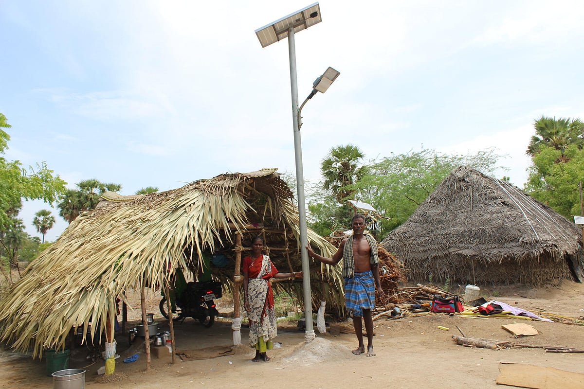 Solar lamps bring light to Irular, Puthirai Vannar families in Gingee