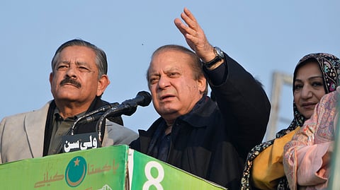 Pakistan's former Prime Minister Nawaz Sharif, center, addresses during an election campaign rally in Hafizabad, Pakistan, Thursday, Jan. 18, 2024.