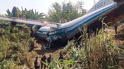 A damaged Myanmar military plane after it crashed at the Lengpui airport, on the outskirts of Aizawl on Tuesday 