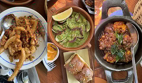 (L to R) Choriz Fried Rice, Clams in a Cafreal base green curry, and Prawn Balchao from 'O Pedro', a Goan-Portuguese restaurant in Mumbai's Bandra Kurla Complex.