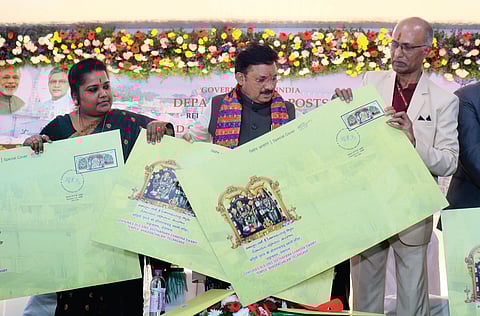 Minister Devusinh Chauhan releases a special postal cover on Bhadrachalam temple at Dak Sadan in Hyderabad on Sunday, Jan 28, 2024. 