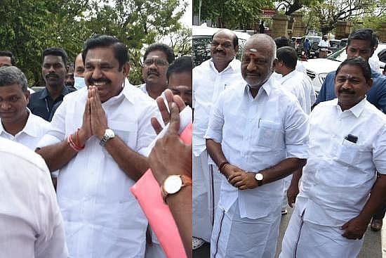 A collage of AIADMK interim General Secretary Edappad K Palaniswami and embattled party leader O Panneerselvam arriving for the budget. (Photo | Ashwin Prasath, EPS)