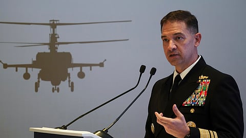 US Navy Vice Adm. Brad Cooper, who heads the Navy's Bahrain-based 5th Fleet, speaks at an event at the International Defense Exhibition and Conference in Abu Dhabi, United Arab Emirates, Feb. 21, 2023.