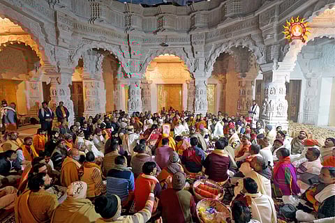 Devotees gather inside the under-construction Ram Temple after the idol of Lord Ram was brought ahead of its Pran Pratishtha ceremony, in Ayodhya on Thursday.