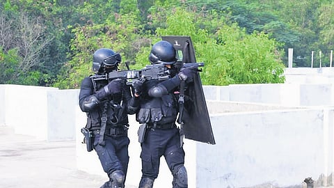 Security personnel performing at the All India Police Commando Competition which concluded at Greyhounds training grounds in Visakhapatnam on Tuesday