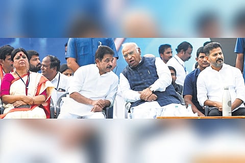 AICC President Mallikarjun kharge, AICC General secretary K C Venugopal along with Telangana Chief Minister A Revanth Reddy takes part in Telangana congress Booth leaders convention at L B Stadium in Hyderabad on Thursday