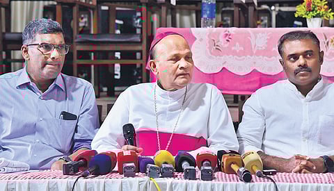 Kerala Region Latin Catholic Council president Bishop Varghese Chakalackal speaking to reporters. 