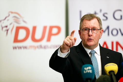 Democratic Unionist Party (DUP) leader Jeffrey Donaldson speaks to the media during a press conference at Hinch Distillery, Temple, Northern Ireland, Tuesday, Jan. 30, 2024. 