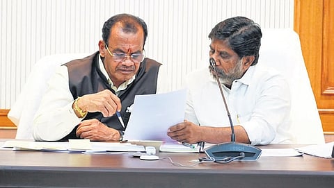 Deputy Chief Minister Mallu Bhatti Vikramarka and R&B Minister Komatireddy Venkat Reddy discuss a point during a review meeting at the Secretariat on Saturday