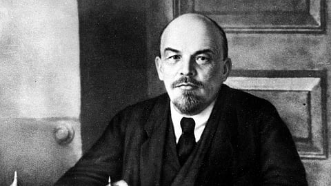 Vladimir Lenin, the founder of the Soviet Union is shown in at work at an unknown location of Russia in 1918.