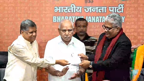 Former Karnataka CM Jagadish Shettar rejoins BJP in the presence of party leaders BS Yediyrappa and Bhuendra Yadav, in New Delhi