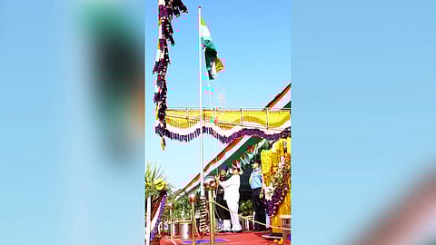 Governor Thaawarchand Gehlot unfurls the Tricolour during the 75th Republic Day celebration at Manekshaw Parade Ground.