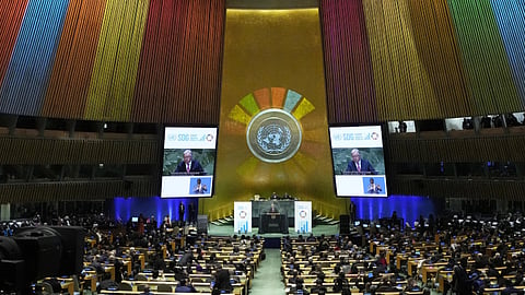 UN Secretary General Antonio Guterres addresses the United Nations Sustainable Development Forum in New York, Sept 18,2023.