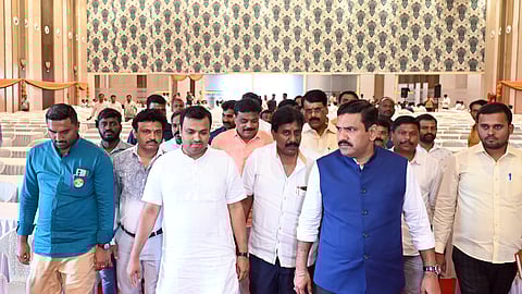 BJP state president BY Vijayendra, accompanied by party colleagues, inspects the venue for the state BJP Executive Committee meeting scheduled on Saturday, at Palace Grounds in Bengaluru on Friday 