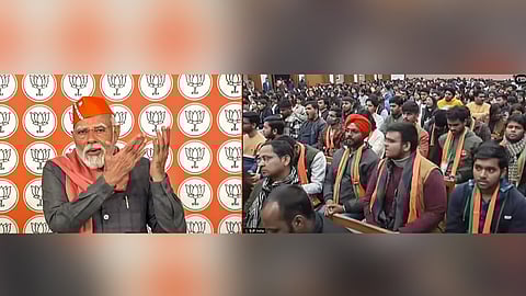 Prime Minister Narendra Modi interacts with first time voters at the 'Nav Matdata Sammelan', in New Delhi on Jan. 24, 2024.