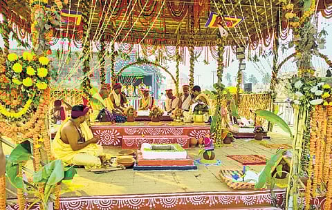 The ceremonial three-day yajna being conducted by Sotriya Brahmins on Monday 
