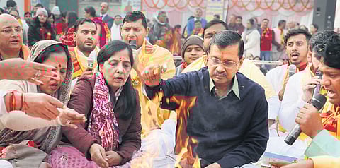 Arvind Kejriwal with wife Sunita takes part in ‘Sundarkand’ recitation at Rohini.