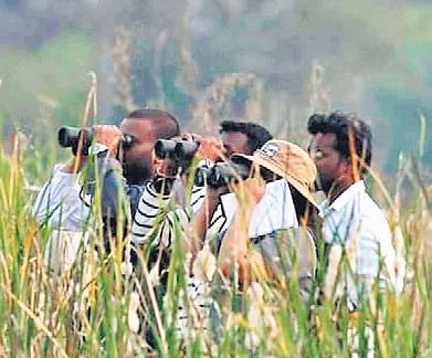People are seen using binoculars to identify aquatic birds at the Kawal Tiger Reserve at Jannaram mandal of Mancherial district