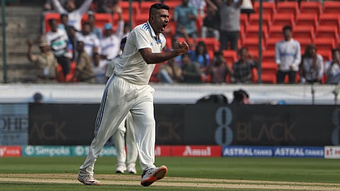 India's Ravichandran Ashwin celebrates the wicket of England's batter Ben Duckett during the first day of the first Test cricket match at Rajiv Gandhi International Stadium in Hyderabad, Thursday, Jan. 25, 2024.