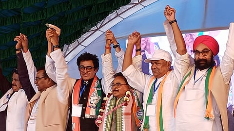 Former BJD minister and five-time MLA Balabhadra Majhi joins Congress at a rally in Bhawanipatna.