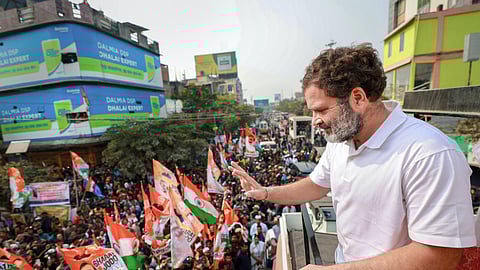 Congress leader Rahul Gandhi waves at supporters during 'Bharat Jodo Nyay Yatra', in Biswanath district, Assam