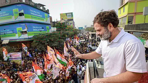 Congress leader Rahul Gandhi waves at supporters during 'Bharat Jodo Nyay Yatra', in Biswanath district, Assam
