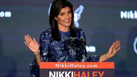 Republican presidential candidate former UN Ambassador Nikki Haley speaks at a New Hampshire primary night rally, in Concord, N.H., Tuesday Jan. 23, 2024.