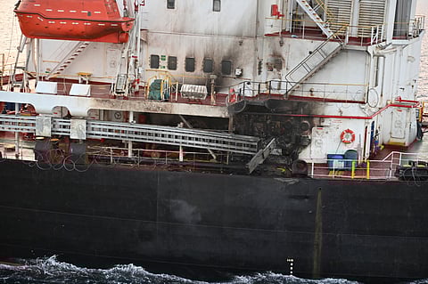 This photograph provided by the Indian Navy shows U.S.-owned ship Genco Picardy that came under attack Wednesday from a bomb-carrying drone launched by Yemen's Houthi rebels in the Gulf of Aden, Thursday, Jan.18, 2024. 