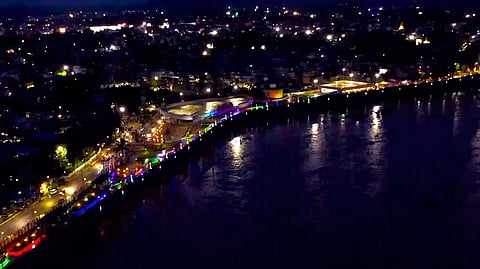 Aerial view of the Tunga riverfront area in Shivamogga at night.