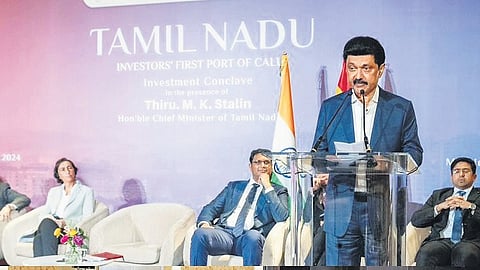 Stalin addressing ‘Tamil Nadu Investors First Port of Call’ event in Madrid.