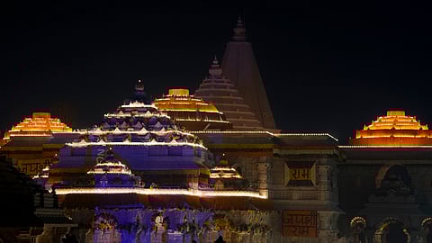 View of the Ram Mandir in the evening on the eve of its consecration ceremony, in Ayodhya, Sunday, Jan. 21, 2024.