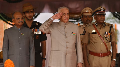 Governor S Abdul Nazeer inspects the Republic Day parade at Indira Gandhi Municipal Corporation Stadium in Vijayawada on Friday.