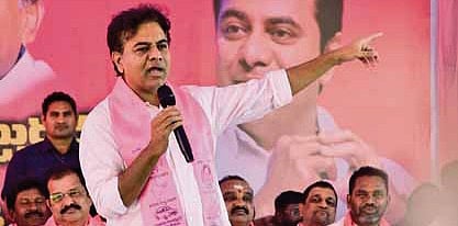 BRS working president KT Rama Rao addresses party workers during a meeting held in Sircilla 
on Sunday, January 28, 2024.