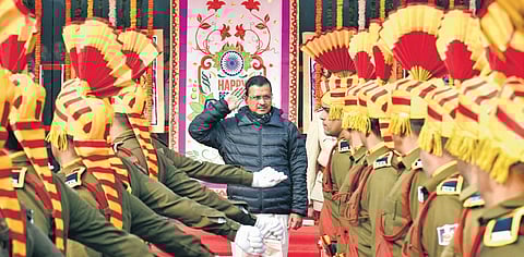 Arvind Kejriwal during the Republic Day function at Chhatrasal Stadium
