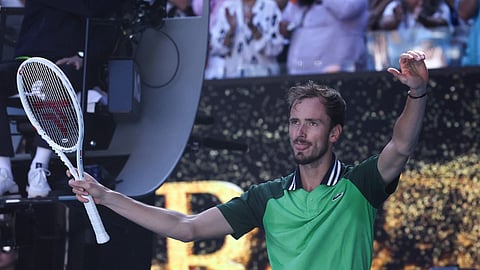 Russia's Daniil Medvedev celebrates victory against Portugal's Nuno Borges at the Australian Open tennis tournament in Melbourne on January 22, 2024.