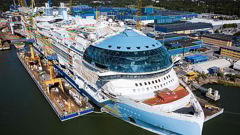 An aerial view taken on May 30, 2023 shows the construction site of the Royal Caribbean's new ship 'Icon of the Seas' at the Turku shipyard in Finland's southwest coast.