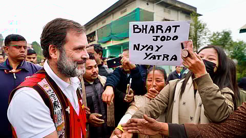 Congress leader Rahul Gandhi with supporters during the Bharat Jodo Nyay Yatra, in Assam.