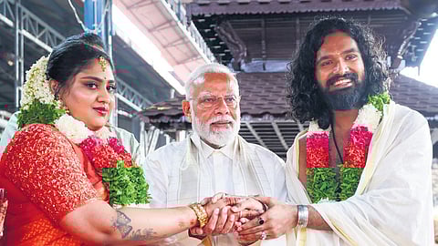 Narendra Modi blessing Suresh Gopi’s daughter Bhagya and bridegroom Shreyas Mohan at Guruvayur temple on Wednesday.
