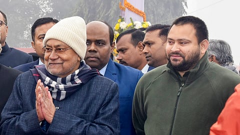 Bihar Chief Minister Nitish Kumar and Deputy CM Tejashwi Yadav during the celebration of the 75th Republic Day, at Gandhi Maidan in Patna.
