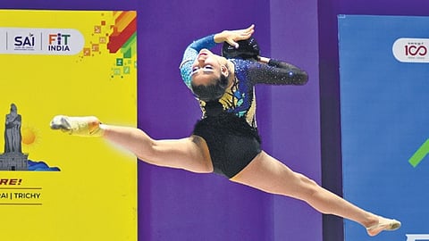 Gymnasts in action during the Khelo India Youth Games at the SDAT sports complex in Velachery on Saturday. | ashwin prasath