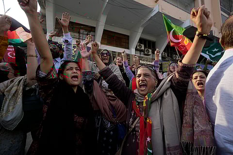 Supporters of former prime minister Imran Khan and political party Pakistan Tehreek-e-Insaf (PTI) attend an election campaign rally in Karachi, Pakistan, Sunday, Jan. 28, 2024.