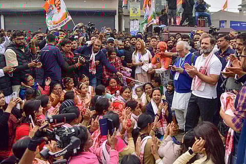 Congress leader Rahul Gandhi with party leaders and supporters, protesting after he was not allowed to visit the Sri Sri Sankar Dev Satra during the Bharat Jodo Nyay Yatra, in Nagaon district, Assam.