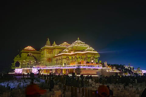 Illuminated Ram Mandir after its consecration ceremony, in Ayodhya, Monday, Jan. 22, 2024. 