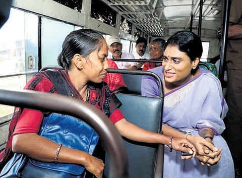 APCC president YS Sharmila interacts with passengers while travelling in an RTC bus from Palasa to Ichapuram on Tuesday I Express