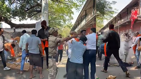 Members of Hindutva activists destroying a board of photographs and barging into the the Film and Television Institute of India in Pune. 