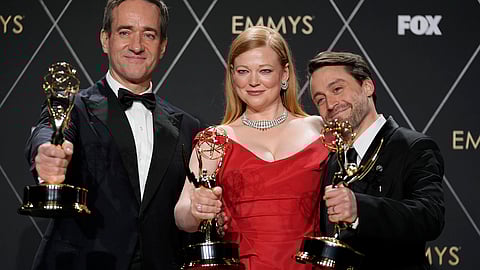 Matthew Macfadyen, winner of the award for outstanding supporting actor in a drama series, from left, Sarah Snook, winner of the award for outstanding lead actress in a drama series and Kieran Culkin, winner of the award for outstanding lead actor in a drama series for "Succession"