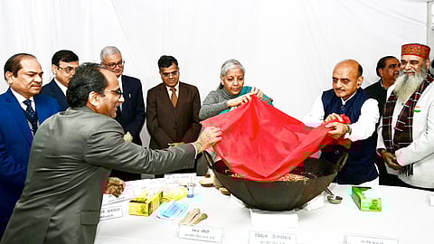 Union finance Minister Nirmala Sitharaman take part in the 'halwa ceremony' that mark the commencement of the final stage of preparations for 'Interim Union Budget2024', in New Delhi, Wednesday, Jan. 24, 2024.